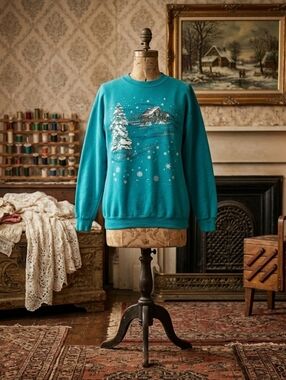 Vintage Weekend Edition Teal Cabin Snow Scene Sweatshirt 90s M